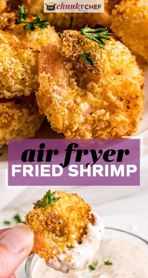 Crispy and juicy fried popcorn shrimp, cooked in just 10 minutes in the air fryer!  Uses so much less oil than deep frying, but has all the amazing crunch you expect from fried shrimp! #shrimp #popcornshrimp #fried #airfryer #airfried #seafood #kidfriendly #dinner #lunch Healthy Fried Shrimp, Popcorn Shrimp Air Fryer, Air Fried Frozen Shrimp, Air Fry Frozen Shrimp Recipes, Air Fryer Breaded Shrimp Recipes, Reheat Fried Shrimp In Air Fryer, Fried Shrimp Recipes, Popcorn Shrimp, Breaded Shrimp