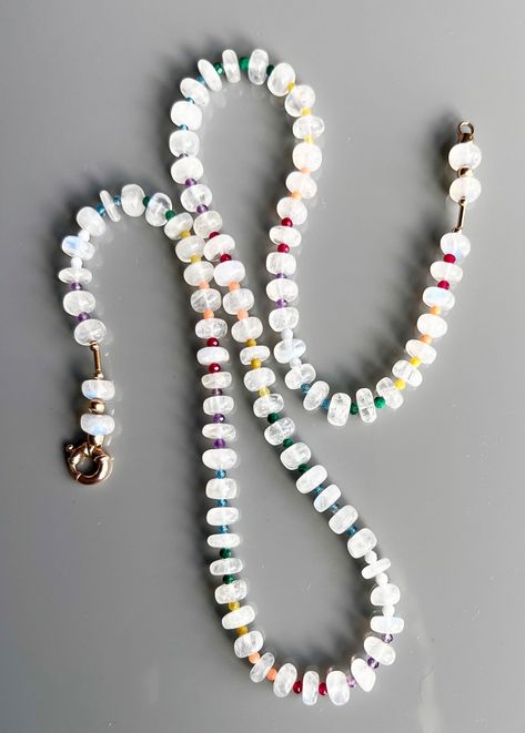 this ever-popular necklace is versatile and perfect for adding a special touch to any look; layer it with chains and pendants to construct a custom aesthetic. moonstone with 14k gold findings and stones such as opal, chrysoprase, ruby, jade, malachite, London Blue Quartz, turquoise, aquamarine, sapphire, and quartz lend a co...#the #Style #Exploring #Jewelry #of #Fashion #JewelryLovers #the #JewelryAddict #Accessories #Treasures #of #Natures #Unveiling #JewelryDesign #Allure #Beauty #Gemstone Custom Necklace Ideas, Gemstone Bead Jewelry, Jewels Aesthetic, Opal Accessories, Beading Necklace, Mixed Beads Necklace, Popular Necklaces, Diy Bracelets Tutorials, Natural Gemstone Necklace