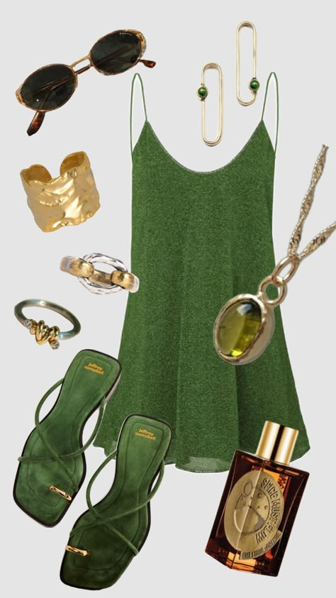 #outfitinspo #outfit #summer #beach #green #gold #sandal #sun Fancy Fits, Clubbing Outfits, Vacay Outfits, Glad Rags, Summer Fashion Dresses, Outfit Summer, Colourful Outfits, Dream Clothes, Green Gold