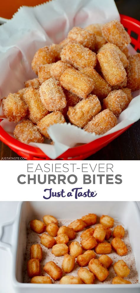 Churros Bites are hot, crispy, fried nuggets of delicious dough rolled in cinnamon sugar. You only need 15 minutes and six simple ingredients for this easy dessert recipe! #justatasterecipes Easy Churros, Easy Churros Recipe, Churro Bites, Baked Potato Chips, Fried Dessert, Churros Recipe, Easy Dessert Recipe, Just A Taste, Bite Size Desserts