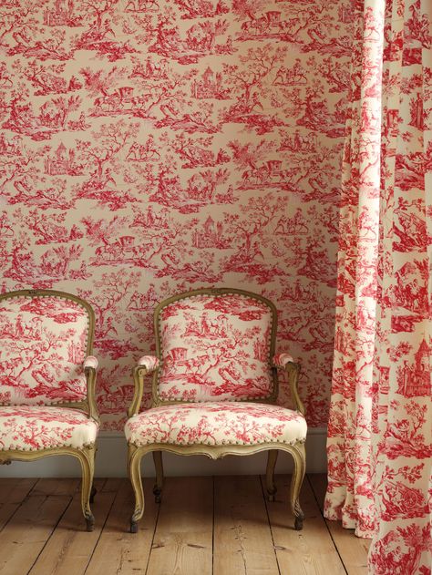 Toile de Jouy- a small bit of toile adds depth and sophistication. Description from pinterest.com. I searched for this on bing.com/images Red Toile, My French Country Home, Toile Wallpaper, Toile Fabric, French Chairs, French Country House, Style At Home, French Country Decorating, Home Fashion