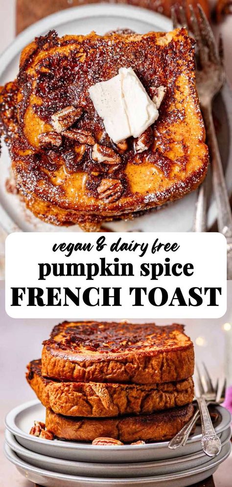 This pumpkin spice french toast is warm, comforting, and flavored with lots of pumpkin puree. This recipe features thick, buttery slices of brioche that are soaked in a creamy pumpkin custard. This recipe is completely dairy-free, egg-free (but banana-free too!), vegan, and delicious. It would make a delicious fall breakfast or brunch. Pumpkin Spice Brioche, Pumpkin Brioche French Toast, Pumpkin Brioche, Pumpkin Spice French Toast, Gluten Free Pumpkin Spice, Winter Breakfast, Diy Breakfast, Vegan Pumpkin Spice, Brioche French Toast