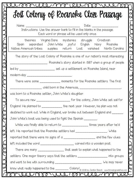 Lost Colony of Roanoke activity - FREE! The Lost Colony Of Roanoke Activities, The Lost Colony Of Roanoke, Lost Colony Of Roanoke Activities, Jamestown Activities, 13 Colonies Activities, Lost Colony Of Roanoke, Roanoke Colony, Jamestown Colony, Cloze Passages