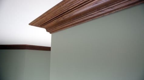 Custom red oak crown molding. Color Crown Molding, Stained Crown Molding, Oak Crown Molding, Office Color Scheme, Crown Molding Ideas, Wood Crown, Wood Crown Molding, Molding Ideas, Moulding Profiles