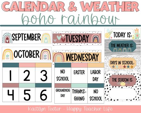 Excited to share this item from my #etsy shop: Modern Boho Rainbow Classroom Decor - Calendar and Weather Set Rainbow Calendar, Fall Fonts, Rainbow Classroom Decor, Easter School, Boho Rainbow Classroom, Classroom Welcome, Classroom Needs, First Day Of Winter, Rainbow Classroom