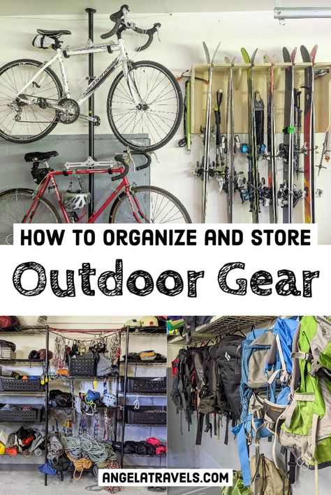 Garage Sports Gear Organization, Basement Gear Storage, Storage For Outdoor Gear, How To Store Camping Gear At Home, Beach Gear Storage Garage, Organize Fishing Gear, Bike And Ski Storage Garage, Camping Garage Storage, Garage Gear Wall