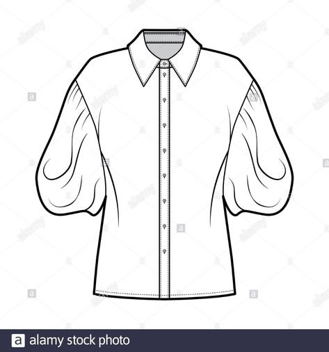 Shirt technical fashion illustration with elbow puff sleeves, oversized body, front button fastenings. Flat apparel blouse template front, white color. Women men unisex top garment CAD mockup Stock Vector Oversized Shirt Flat Sketch, Puff Sleeve Illustration, Puff Sleeve Flat Sketch, Puff Sleeve Technical Drawing, Blouse Technical Drawing, Blouse Flat Sketch, Formal Shirts Women, Shirt Sketch, Balloon Sleeve Shirt