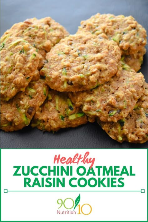 Zucchini Oatmeal Raisin Cookies - 90/10 Nutrition Zucchini Oatmeal Cookies, Zucchini Cookie Recipes, Zucchini Oatmeal, Zucchini Cookies, Zucchini Recipes Dessert, Raisin Cookie, Healthy Zucchini, Zucchini Bread Recipes, Oatmeal Raisin Cookies