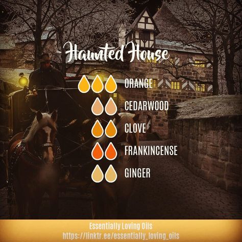 Haunted House - Diffuser Blend . ‘I like to say I believe in ghosts so I don't get haunted by one.”- Ella Henderson . * Aromatic Profile: Spicy 54.5%, Resinous 18.2%, Woody 18.2%, Citrus 9.1% * Emotion: Neutral . Click the link in my bio @essentially_loving_oils to purchase a diffuser, Essential Oils, or any of our products. . Contact me with any questions, or to find out how to join my team and save up to 55% with a Wholesale Membership! . Message me with any questions! Diy Diffuser Blends, Essential Oil Combinations, Essential Oil Diffuser Blends Recipes, Ginger Essential Oil, Essential Oil Diffuser Recipes, Oil Diffuser Recipes, Essential Oil Blends Recipes, Essential Oil Mixes, Witching Hour