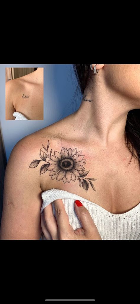 Shoulder Sunflower Tattoo, Sunflower Shoulder Tattoo, Simple Neck Tattoos, Chest Tattoo Female Upper, Sunflower Tattoo Simple, Feminine Shoulder Tattoos, Pearl Tattoo, Shoulder Tats, Sunflower Tattoo Shoulder