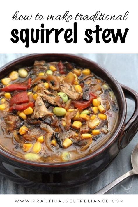 Traditional Brunswick stew is made with small game, namely squirrel or opossum.  Since they don’t generally sell squirrel meat at the grocery store, these days most recipes substitute dark meat chicken instead.  In truth, most people do have access to squirrel.  The hitch comes in turning a squirrel into squirrel meat. #hunting #smallgame #meateater Squirrel Stew, Dark Meat Chicken, Squirrel Food, Brunswick Stew, Easy Meat Recipes, Wild Game Recipes, Venison Recipes, Stew Recipe, Wild Food