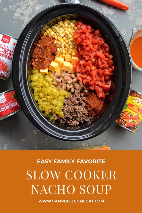 Slow Cooker Nacho Soup, Nacho Soup Recipe, Freezer Staples, Nacho Soup, Nacho Toppings, Crock Pot Soup, Crockpot Meals, Cheese Soup, Fair Food Recipes