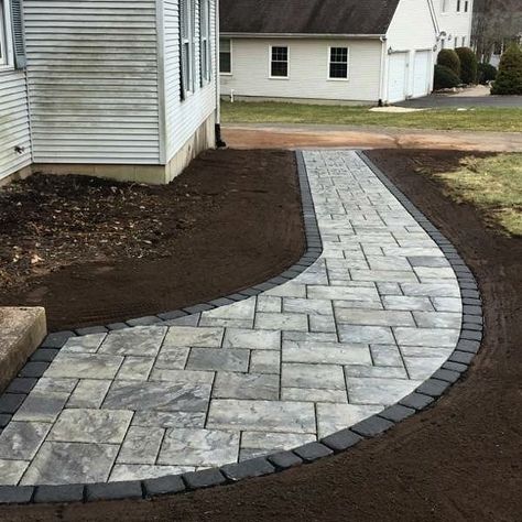 Gardening : Landscaping : A  beautiful pathway :  225sq ft of Blu Shale Grey, Onyx Black Villagio border. by jdlandscapingllc Pavers With Brick Border, Grey Paver Walkway, Pavers For Driveway Border, Large Paver Sidewalk, Brown Pavers Walkways, Blacktop Driveway With Paver Border, Front Walkway Landscaping, Outdoor Patio Pavers, Front Yard Walkway