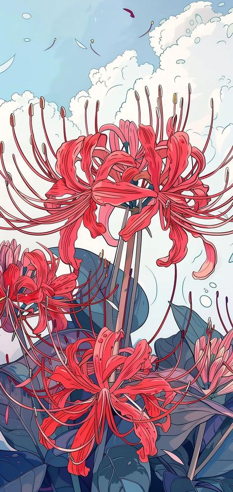 Not my creation, the artist: hessostrange on Instagram/Threads Spider Lily Iphone Wallpaper, Spider Lily Flower Wallpaper, Red Spider Lilies Wallpaper, Anime Spider Lily Wallpaper, Red Lily Spider Drawing, Spider Lily Wallpaper Desktop, Spider Lily Aesthetic Wallpaper, Spider Lily Aesthetic, Red Spider Lily Wallpaper