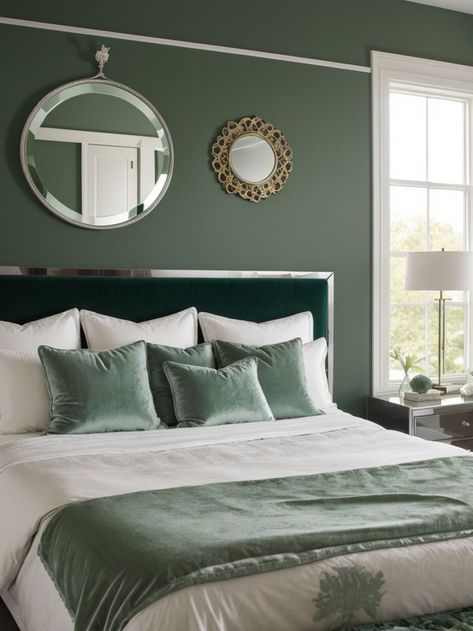 Create a stunning focal point in your bedroom by painting an accent wall in a soothing jade green. Enhance the luxurious feel by adding plush velvet pillows and a silver-framed mirror. Painting An Accent Wall, Silver Framed Mirror, Accent Wall Paint, Velvet Pillows, Jade Green, Accent Wall, Focal Point, Jade, Velvet