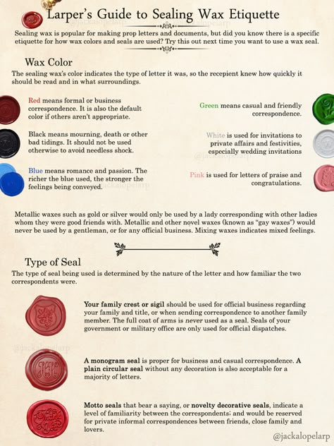 Descriptions of the meaning of wax color, and stamp used with sealing wax. Useful for larpers to help send meaningful sealed envelops. Info Board, Pen Pal Letters, Color Meanings, Sealing Wax, Handwritten Letters, Book Writing Tips, Wax Seal Stamp, Writing Advice, The More You Know