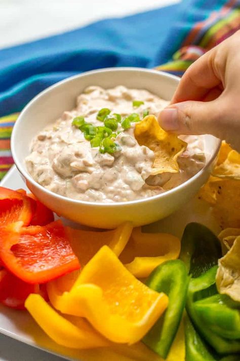 This cold chili cheese dip takes minutes to mix together and is delicious served with chips and veggies for an easy party or tailgating snack! It’s also gluten-free and vegetarian. | www.familyfoodonthetable.com Chili Con Queso Dip, Con Queso Dip, Chili Cheese Dip Recipes, Cannellini Bean Dip, Chili Cheese Dip, Cold Dip, Cold Dip Recipes, Healthy Summer Snacks, Cold Dips