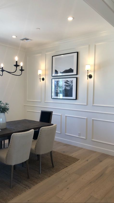 White Molding Living Room, Panelling One Wall Living Room, Wainscoting On One Wall, Dining Room With Paneled Walls, Trimming On Walls Living Rooms, Living Room Designs Moulding, Panneling Rooms Dining Room, Panelling Walls Dining Room, White Paneling Dining Room