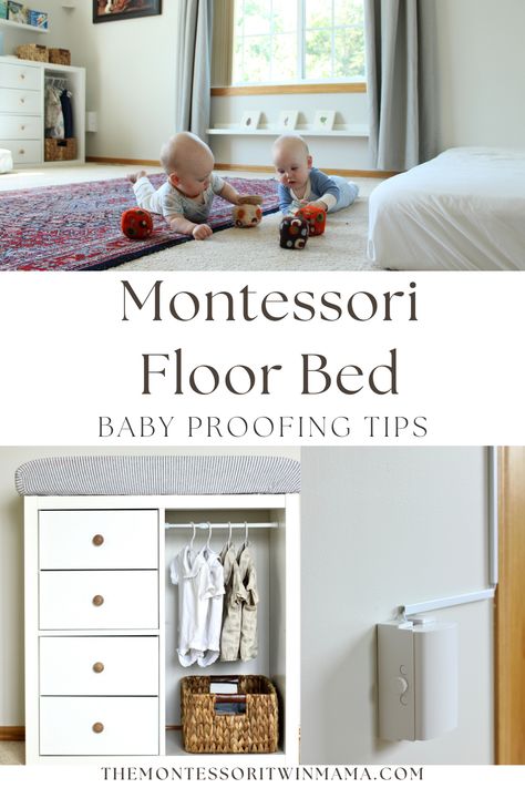 Baby proofing a Montessori nursery is essential to your baby's safety. Follow these suggestions to know what you should be aware of when it comes time to baby proofing your Montessori Nursery. Considering cords, outlet covers, furniture, the floor and more! You will also learn more about the 4 areas in a Montessori nursery. You'll want to read this blog post to get all the tips for creating a safe environment for your baby. These recommendations will ensure your babies safety! Safe Nursery Decor, Cosleeping Setup, Nursery No Crib, Toddler Safe Bedroom, Toddler Proof Bedroom, Baby Proof Living Room, Montessori Bedroom Newborn, Montessori Bedroom 1 Year, Baby Proof Cords