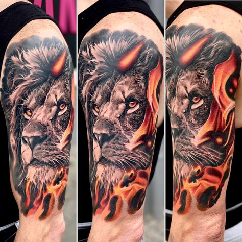 Flames lion tatto Lion With Flames Tattoo, Lion And Fire Tattoo, Flames Tattoo, Flame Tattoos, Fire Tattoo, Lion Tattoo, Lion, Tattoos, Quick Saves