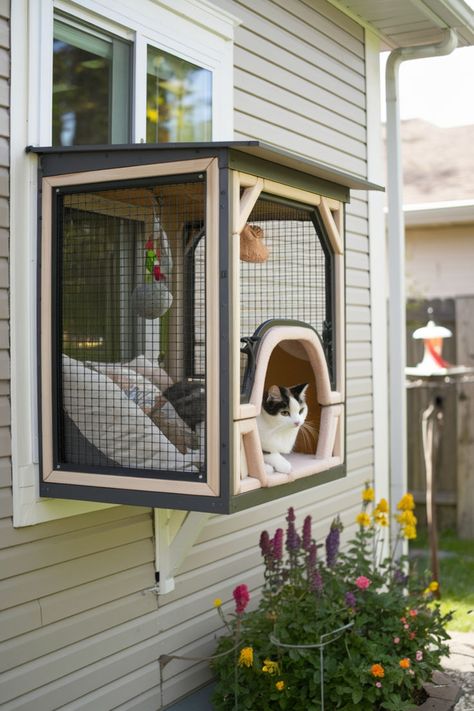 diy window catio with cushioned perch and cat door overlooking garden Easy Diy Cat Window Perch, Window Catio, Catio Ideas, Home Setup, Tiny Balcony, Cozy Cat, Big Backyard, Diy Window, Backyards