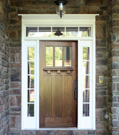 Tuscany 3LT Craftsman Style Door The Tuscany Collection, with sidelights and rectangular transom, brings a bold presence to your home with Mahogany wood. Also available without a drip cap, this square top door will make a statement and define the beauty of your home. Residential Front Doors, Tuscan Doors, Craftsman Style Doors, Painting Shutters, Impact Doors, Single Door Design, Craftsman Door, Wood Exterior Door, Mahogany Doors