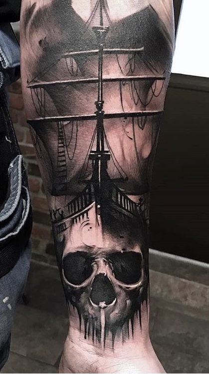 Pirate Skull Tattoos, Nautical Tattoo Sleeve, Pirate Tattoo, Skull Sleeve Tattoos, Chicana Style, Men Tattoos Arm Sleeve, Forarm Tattoos, Cool Arm Tattoos, Scary Tattoos