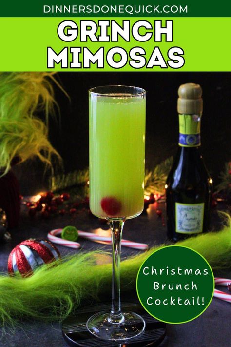 Toast to the holidays with these Grinch Mimosas! This fun and festive green cocktail is perfect for Christmas brunch or any holiday celebration. Made with your favorite bubbly and a touch of holiday flair, it’s easy to whip up and guaranteed to impress your guests. Add a cherry for the Grinch's heartwarming touch! Try this delightful holiday drink recipe now. 🎅🍾 #GrinchCocktails #HolidayDrinks #ChristmasBrunch #FestiveCocktails #HolidayEntertaining #MimosaRecipe #ChristmasMimosas The Grinch Mixed Drink, Grinch Champagne Drink, Grinch Drinks For Adults, Grinch Mimosa Recipe, Grinch Cocktails Drink Recipes, Grinch Sangria, Easy Christmas Alcoholic Drinks, Grinchmas Dinner, Grinch Brunch