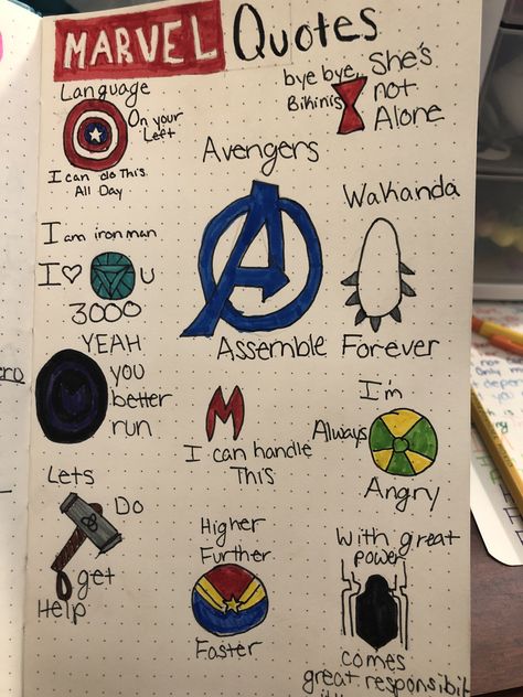 Marvel Notes Ideas, Avengers Journal Ideas, Marvel Notebook Ideas, Marvel Scrapbook Ideas, Marvel Journal Ideas, Thor Doodle, Marvel Doodles Easy, Marvel Journaling, Marvel Scrapbook