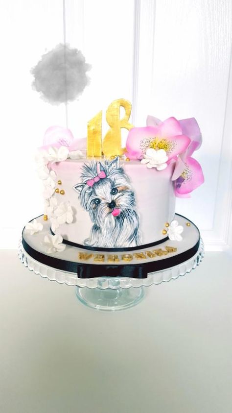 Yorkie Birthday Cake, Yorkie Cake, Cake For 18th Birthday, Puppy Dog Cakes, Lush Cake, Lily Cake, Puppy Cake, Girly Cakes, Hand Painted Cakes