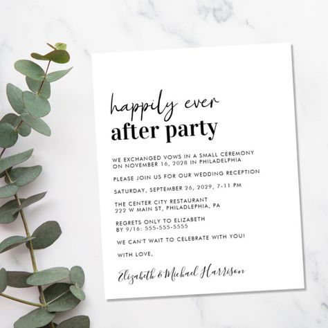 We Eloped Reception, Backyard Reception Ideas, Modern Simple Wedding Invitations, Post Wedding Celebration, Simple Wedding Reception, Bold Wedding Invitations, Happily Ever After Party, Ever After Party, Popular Wedding Invitations