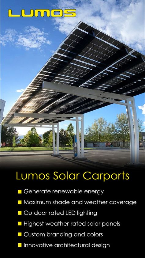 Lumos Solar Carport provides solar powered LED lighting and shade to students and visitors in the parking lot at the Okanagan College Campus in Canada. Solar Car Parking Design, Solar Parking, Solar Structure, Covered Parking, Solar Panels Architecture, Solar Pergola, Solar Carport, Solar Energy Design, Solar Energy For Home