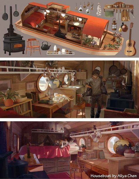 Boat House Concept Art, Houseboat Concept Art, Fantasy Airport, Boat House Aesthetic, Fantasy Carriage Concept Art, Survival Concept Art, Pocket Dimension Concept Art, Living Room Concept Art, Apocalypse Room