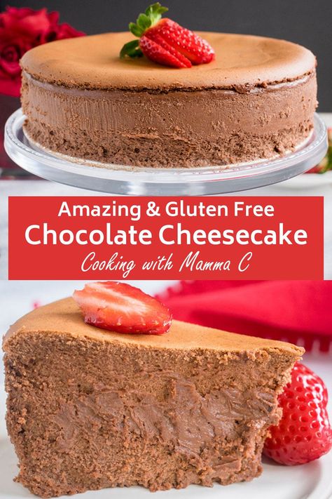 This showstopping Chocolate Cheesecake is fabulous and happens to be gluten free! It's fluffy, creamy and based on the best cheesecake recipe! #chocolatecheesecake #glutenfreecheesecake Crustless Chocolate Cheesecake, Crustless Desserts, Gf Cheesecake Recipes, Crustless Cheesecake Recipes, Easy Gluten Free Cheesecake, Cheesecake Recipes Gluten Free, Gluten Free Chocolate Cheesecake Recipe, Flourless Cheesecake, Gluten Free Chocolate Cheesecake