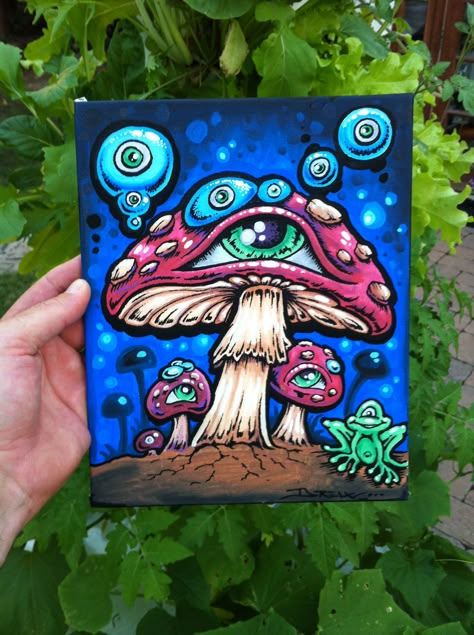 Funky Mushroom Art, Mushroom Spaceship, Hongos Art, Trippy Mushroom Painting, Funky Art Painting, Mystical Paintings, Drew Brophy, Mushroom Artwork, Rock Houses