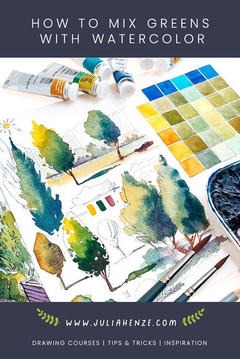 HOW TO MIX GREENS WITH WATERCOLOR Mixing Greens In Watercolor, Watercolor Paint Swatches, Draw Greenery, Urban Sketching Watercolors, Watercolor Recipes, Watercolour Mixing, Watercolour Trees, Draw Trees, Write Journal