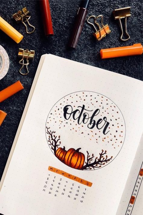 30+ Bullet journal spread examples and ideas for Fall / Autumn #bulletjournal #bujospread #bujoideas October Spread, Month Journal, January Journal, Journal D'inspiration, Journal October, Bullet Journal October, October Month, Bullet Journal Month, Bullet Journal Page