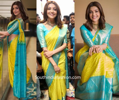 Kajal Aggarwal in a yellow kanjeevaram saree Saree Color Combinations, Blue Silk Saree, Kanjivaram Sarees Silk, Indian Bridal Sarees, Pattu Saree Blouse Designs, Kanjivaram Saree, Silk Saree Kanchipuram, Sari Blouse Designs, Indian Saree Blouses Designs