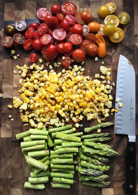 Asparagus, Tomato and Grilled Corn Orzo Pasta Salad - Simply Scratch Asparagus Cherry Tomatoes Recipes, Corn Orzo, Summer Corn Salad With Asparagus, Grilled Vegetable Orzo Salad, Orzo Grilled Vegetable Salad, Corn Avacoda Tomato Salad, Simple Balsamic Vinaigrette, Asparagus Balsamic, Corn Tomato Salad