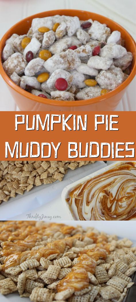 This Pumpkin Pie Muddy Buddies Recipe is perfect for lunch bags, late night snacks and Halloween and Thanksgiving party treats. #FallRecipes #Halloween #Thanksgiving #FallTreats #MuddyBuddies Puppy Chow Chex Mix Recipe, Chex Mix Puppy Chow, Healthy Late Night Snacks, Pumpkin Snack, Muddy Buddies Recipe, Puppy Chow Recipes, Chex Mix Recipes, Muddy Buddies, Cereal Treats