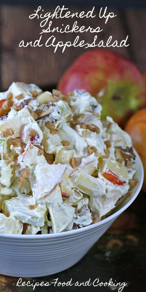 Lightened Up Snickers and Apple Salad Apples and snickers in a sugar free vanilla cool whip dressing. Healthy Snickers Salad, Apple Snickers Salad Cool Whip, Sugar Free Fruit Salad, Taffy Apple Salad, Orange Soup, Greek Salads, Recipe Vegetables, Snicker Apple Salad, Summertime Food