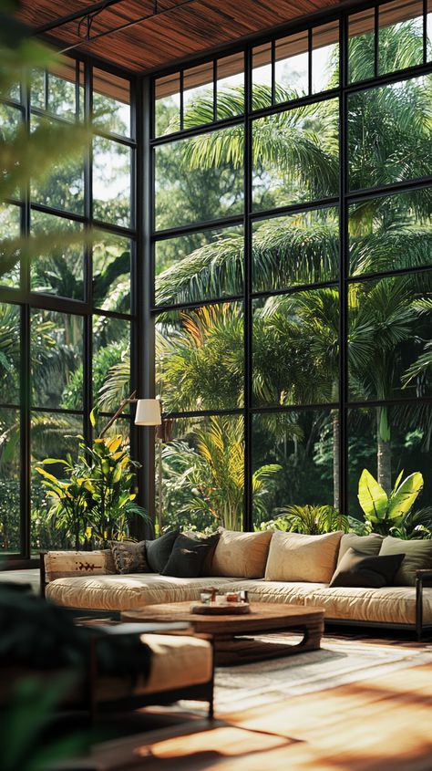 Title: A tropical home showcasing magnificent large windows overlooking verdant gardens Tropical Dream House, Tropical Luxury House, Homes With Gardens, Tropical Homes, Tropical Luxury, Tropical Home, Big Windows, Farmhouse Interior, Tropical Forest