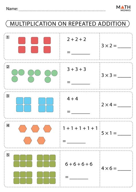 Multiplication Arrays and Repeated Addition Worksheets - Math Monks Repeated Addition Activities, Worksheet Multiplication, Easy Multiplication, Repeated Addition Worksheets, Free Printable Multiplication Worksheets, Repeated Addition Multiplication, Array Worksheets, Printable Multiplication Worksheets, Multiplication Arrays