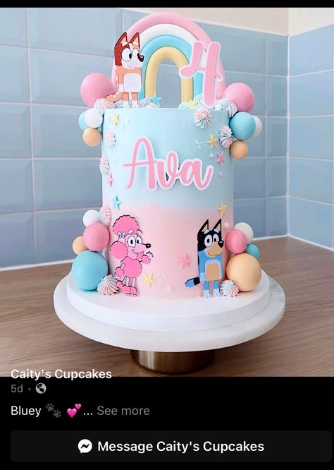 Mini Bluey Cake, Bluey Cake Pink, Pink Bluey Birthday Cake, Bluey Cake Ideas For A Girl, Bluey Birthday Cake Ideas, Pastel De Bluey, Bluey And Bingo Cake, Bluey Themed Cake, Bluey Cake Ideas