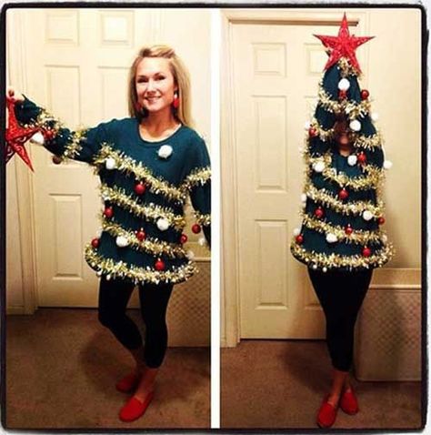 Diy Christmas Costumes, Homemade Ugly Christmas Sweater, Funny Christmas Costumes, Ugly Christmas Sweater Outfit, Tacky Christmas Party, Ugly Christmas Tree, Christmas Tree Costume, Christmas Tree Ugly Sweater, Ugly Christmas Sweater Contest