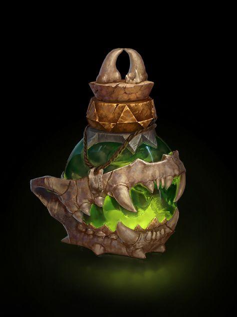 Magic Props Concept Art, D&d Potion, Potion Concept Art, Dnd Potions, Fantasy Potion, Potion Art, Fantasy Objects, Skull Bottle, Magical Objects