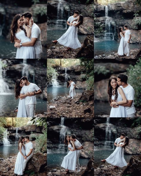 Waterfalls Photoshoot, Pre Wedding Shoot Ideas Outfit, Backdrop Poses, Waterfall Couple Photoshoot, Waterfall Poses, Jungle Photoshoot, Blue Waterfall, Pre Wedding Photoshoot Props, Prewedding Shoot