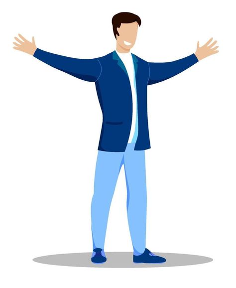 man stands smiling with wide open hands, arms outstretched for friendly greeting. Joy of new meeting. Open gesture of friendliness and acceptance. Vector Vector Landscape, Open Hands, Open Arms, Guy Drawing, Scorpion, Quick Saves