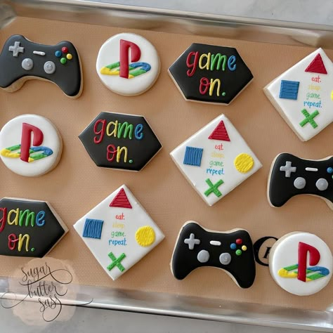 Ps5 Cookies Decorated, Game Controller Cookies Decorated, Gaming Birthday Cookies, Playstation Cookies Decorated, Video Game Birthday Cookies, Ps5 Party Ideas, Gamer Party Food Ideas, Gaming Cookies Decorated, Video Game Cookies Decorated