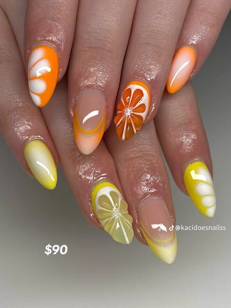 Almond Fruit Nails, 3d Citrus Nails, Orange Red Yellow Nails, Fruit Nails Square, Fruit Acrylic Nails Design, Citrus Fruit Nails, Orange And Lemon Nails, Jelly Fruit Nails, Grapefruit Nail Art